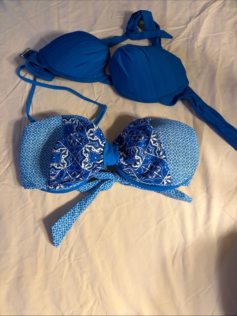 Blue Patterned Bandeau & Solid Blue Bikini Tops